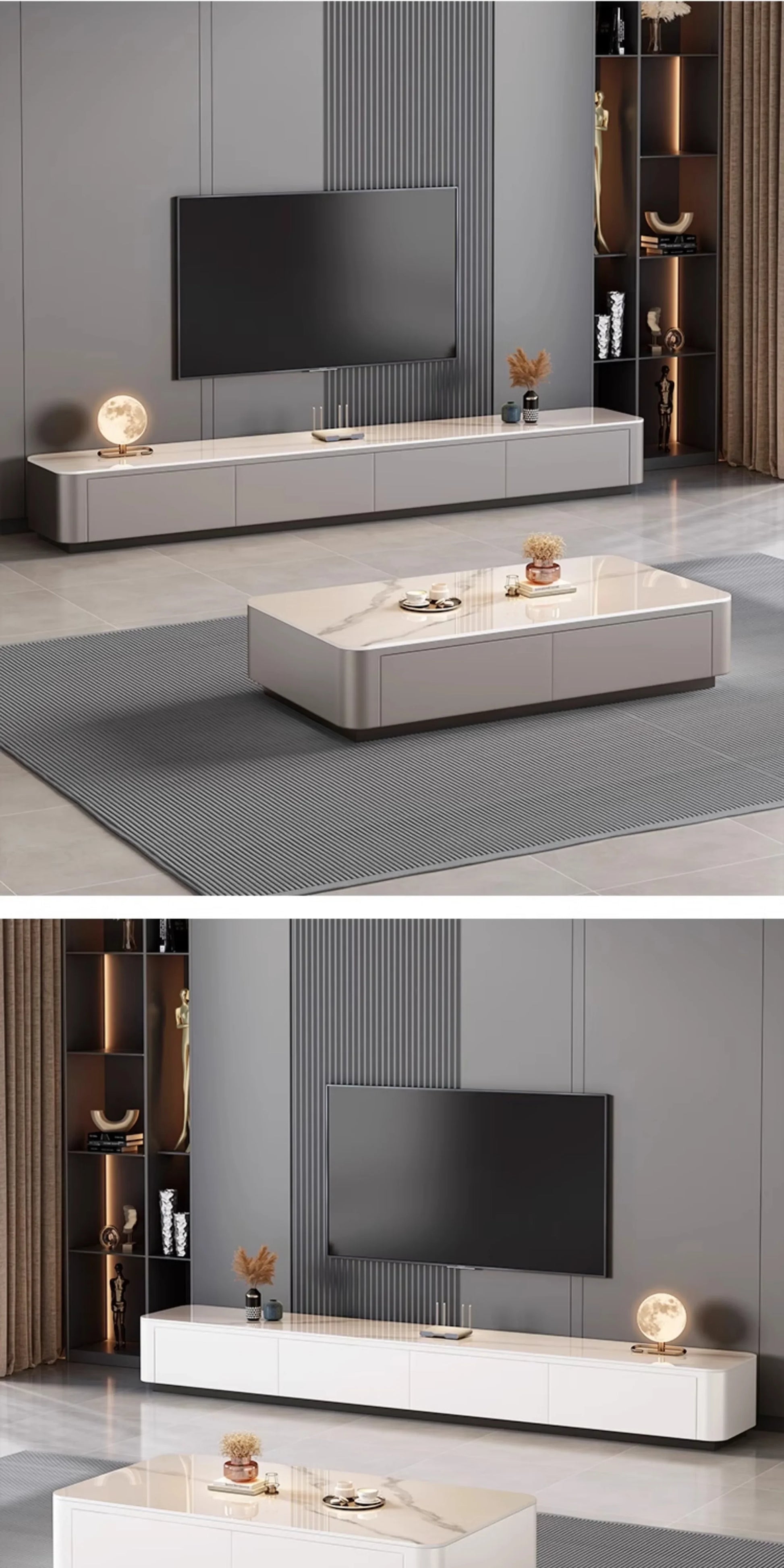 Nordic Clear Designer Coffee Table — Minimalist Living Room Décor featuring a sleek marble top and rounded edges, set in a contemporary living room with muted tones and modern shelving accents.