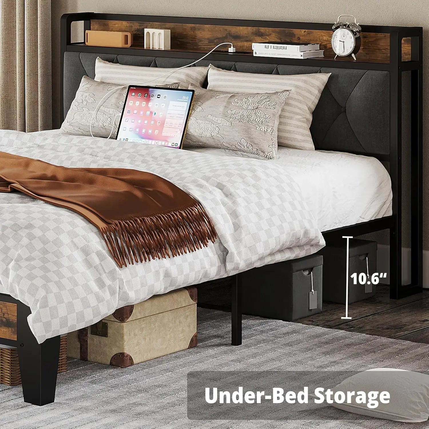 ANCTOR Twin/TwinXL/Full/Queen/King/CaliforniaKing Bed Frames, Storage Headboard with Outlets, No Noise, No Box Springs Needed Jonine&