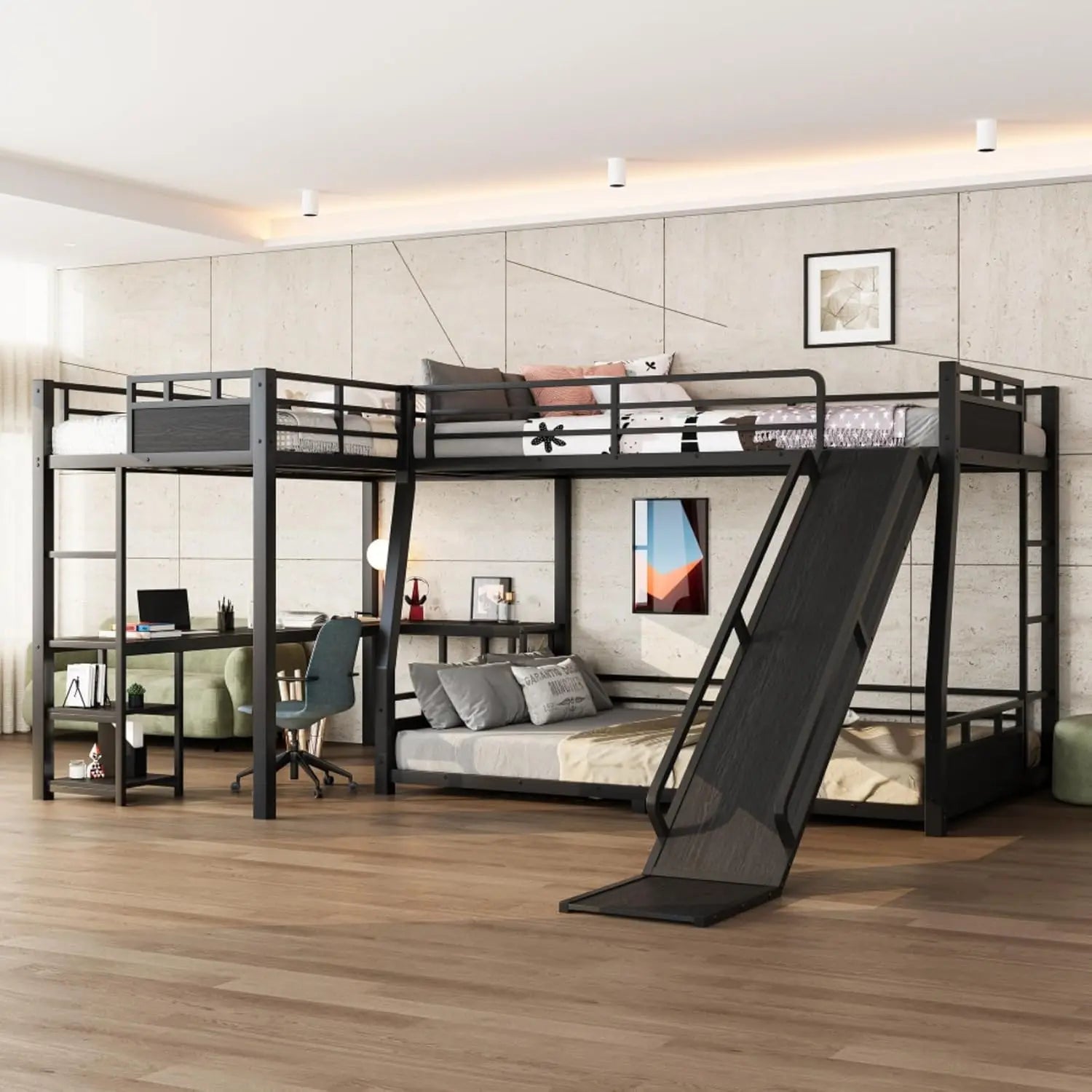 Queen Over Twin Over Twin Metal BunkBed with Storage Stairs and Shelves, 3-in-1 Triple Bunk Bed with Headboard, Space Saving, fo