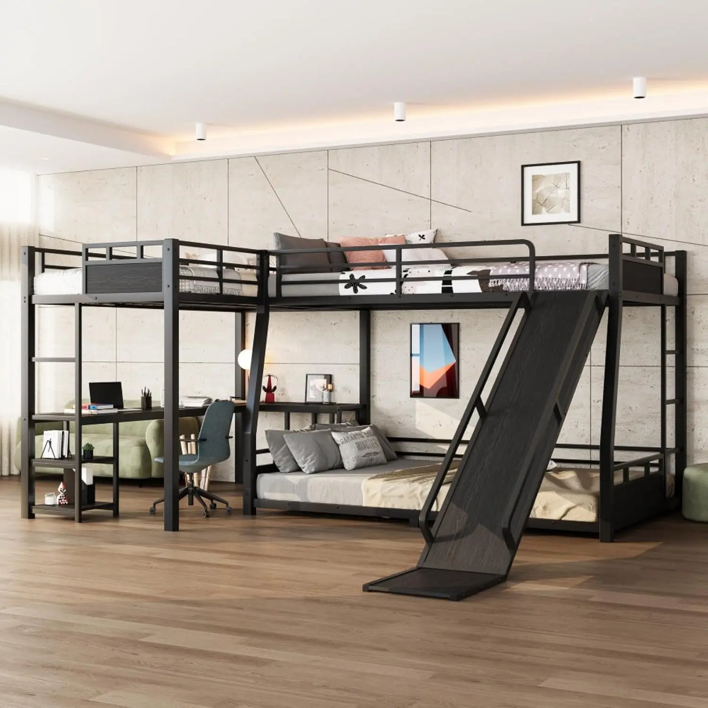 3-in-1 Queen Over Twin Metal Bunk Bed with Storage Stairs