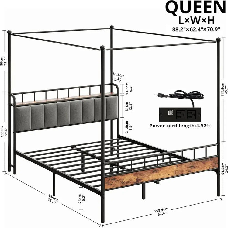 LIKIMIO Canopy Bed Frame Queen, Storage Headboard with Charging Station, Platform Bed with 4 Removable Sturdy Posts, Noise Free Jonine&