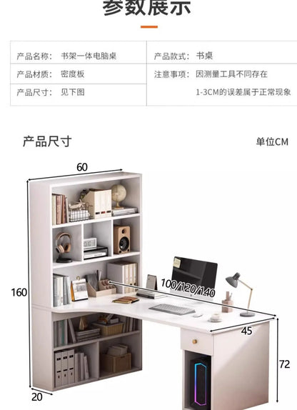L-Shaped Corner Desk with Bookshelf — Dual Monitor & Home Office