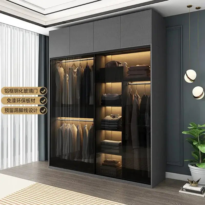 Bedroom Glass Sliding Door Wardrobe Clothes Storage Cabinet Closet Double Wardrobe Cabinets Wardrobes Furniture Modern Simple Jonine&