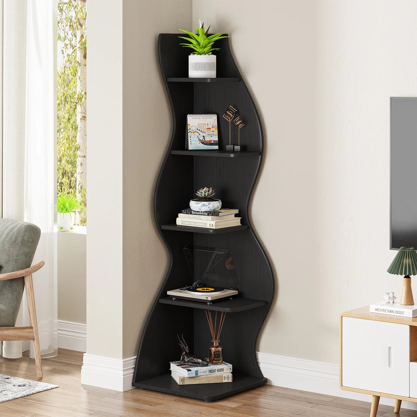 The Corner That Finally Does Something — Tribesigns 5-Tier Wall Corner Bookshelf & Plant Stand