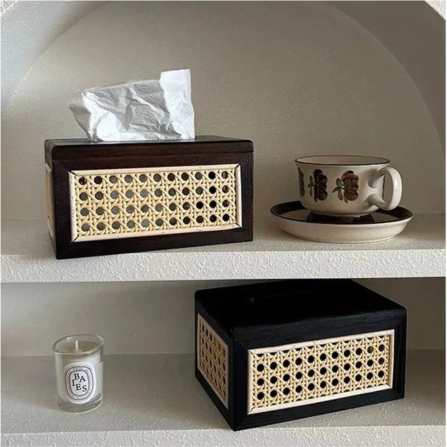 Rattan &amp; Wood Tissue Box
