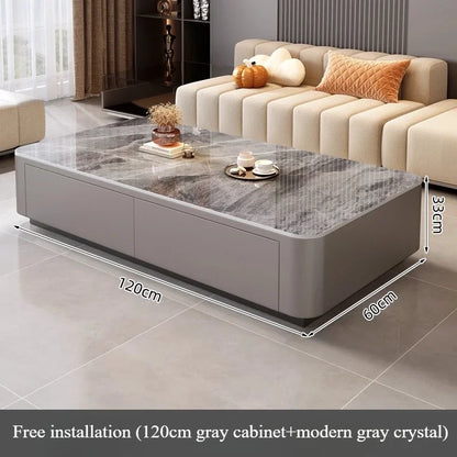 Nordic Clear Designer Coffee Table — Minimalist Living Room Décor featuring a sleek gray cabinet base with a modern gray crystal top, styled in a contemporary living room setting