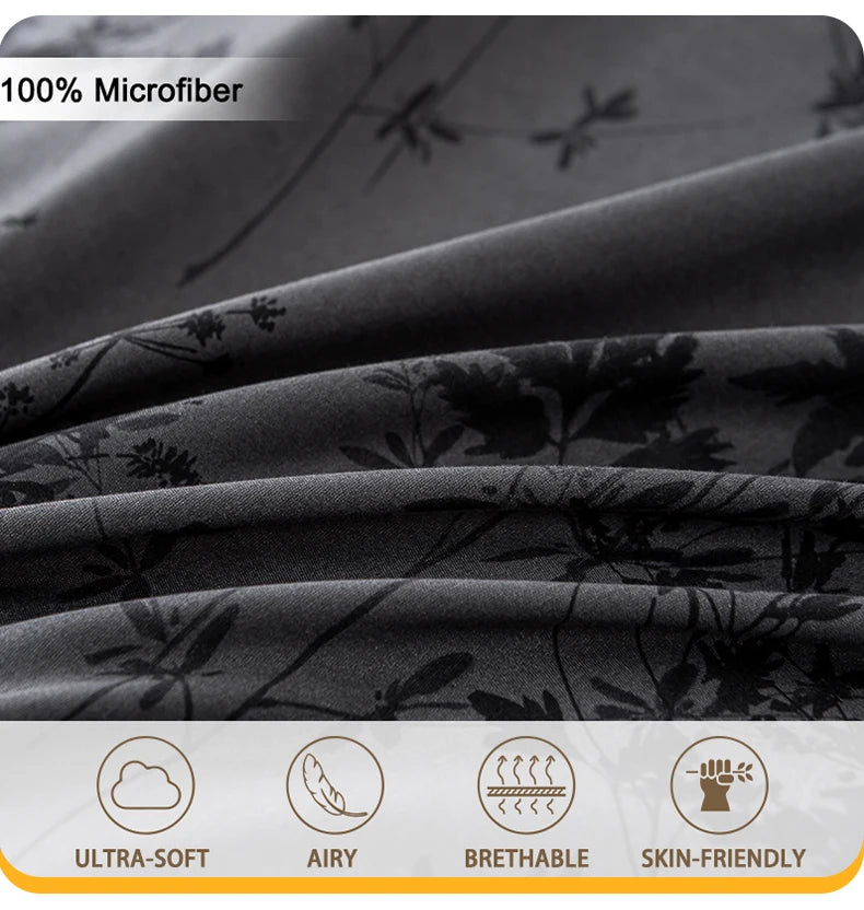 Black and White Plant Print Three-Piece Quilt Cover Set (1 Quilt Cover + 2 Pillowcases) Ultra-Soft Breathable Fabric, Skin-Friendly, Comfortable, Breathable, Machine Washable, Suitable for All Seasons, Elegant and Exquisite, Jonine&