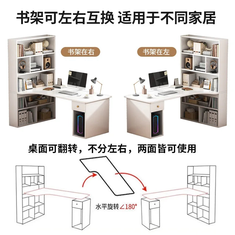 L-Shaped Corner Desk with Bookshelf — Dual Monitor & Home Office