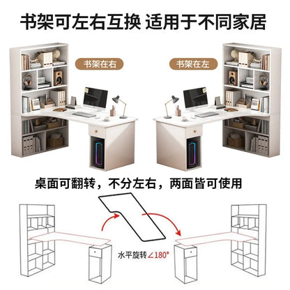 L-Shaped Corner Desk with Bookshelf — Dual Monitor & Home Office