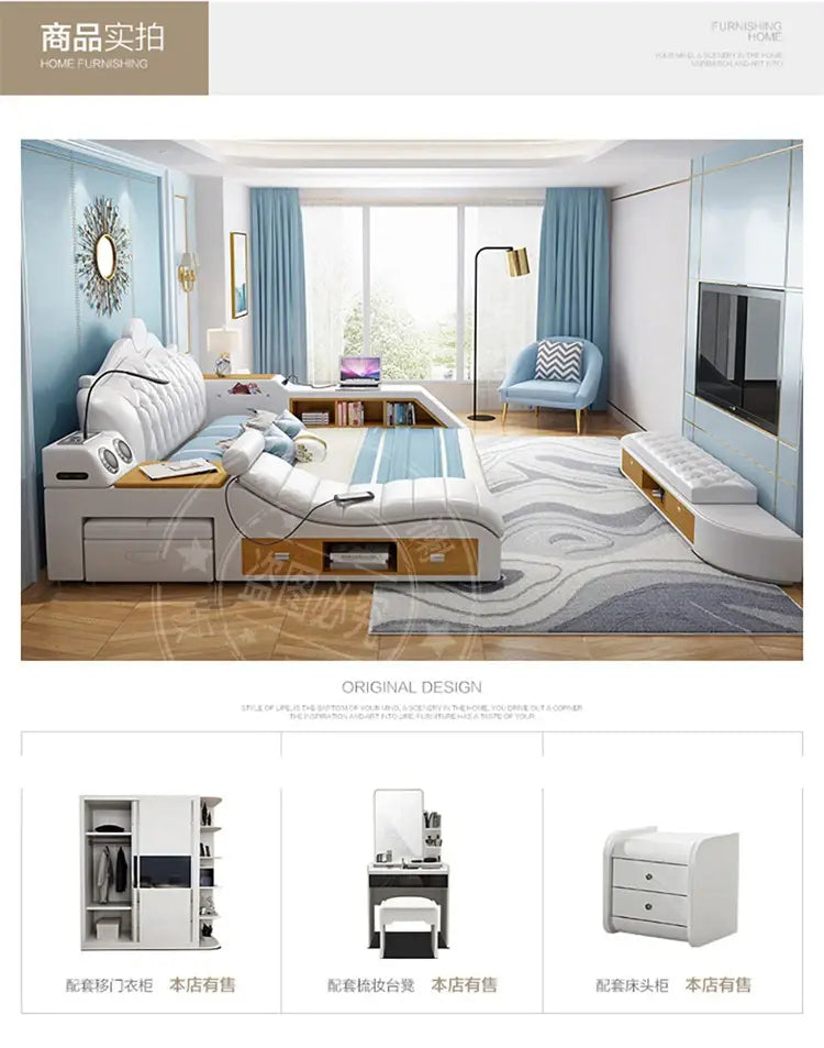 Headboard Storage Double Bed Queen Drawers King Size Smart Bed Luxury Princess Modern Letto Matrimoniale Bedroom Furniture Jonine&