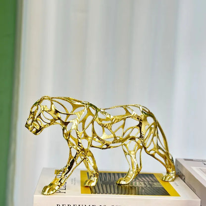 Nordic Metal Leopard Sculpture — Living Room Desktop Home Décor features a gold-toned openwork design, adding a sculptural accent with Nordic design influences to modern interiors.