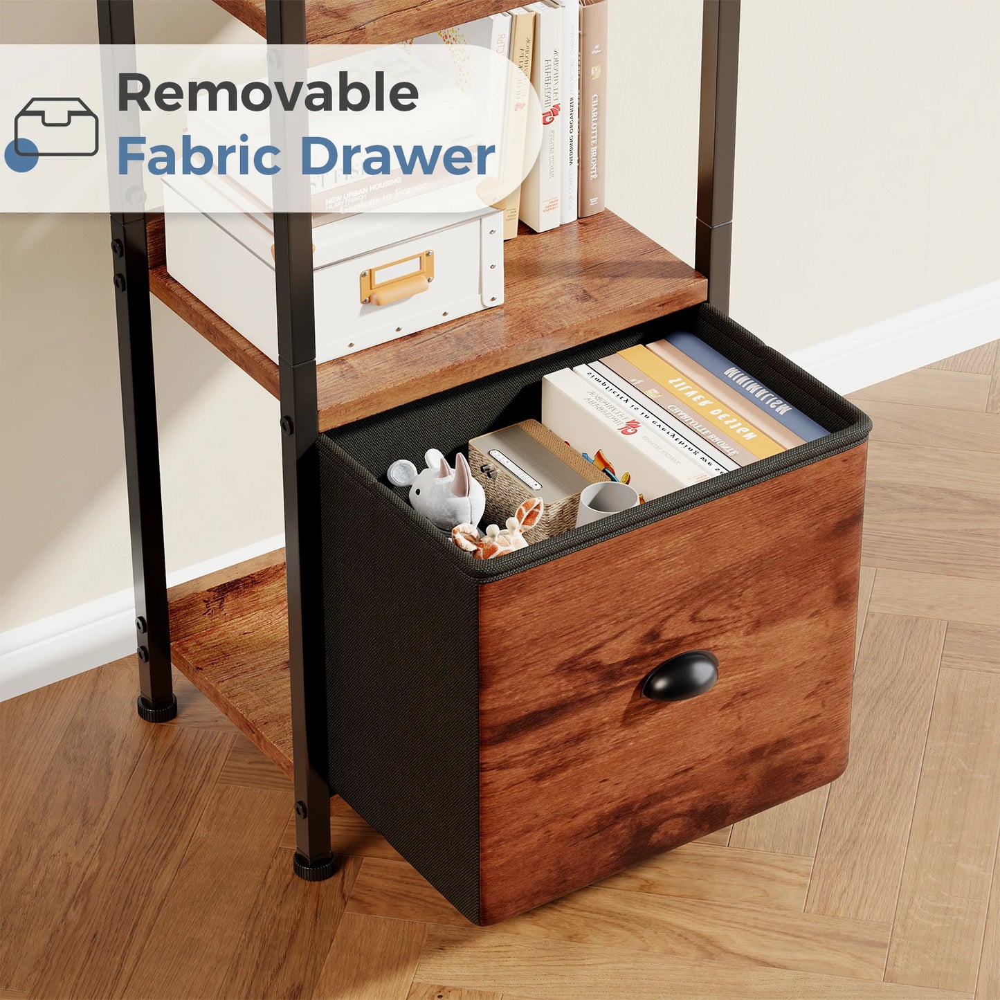 Books, Beauty & Storage — JHK 5-Tier Wood Bookshelf with Fabric Drawer
