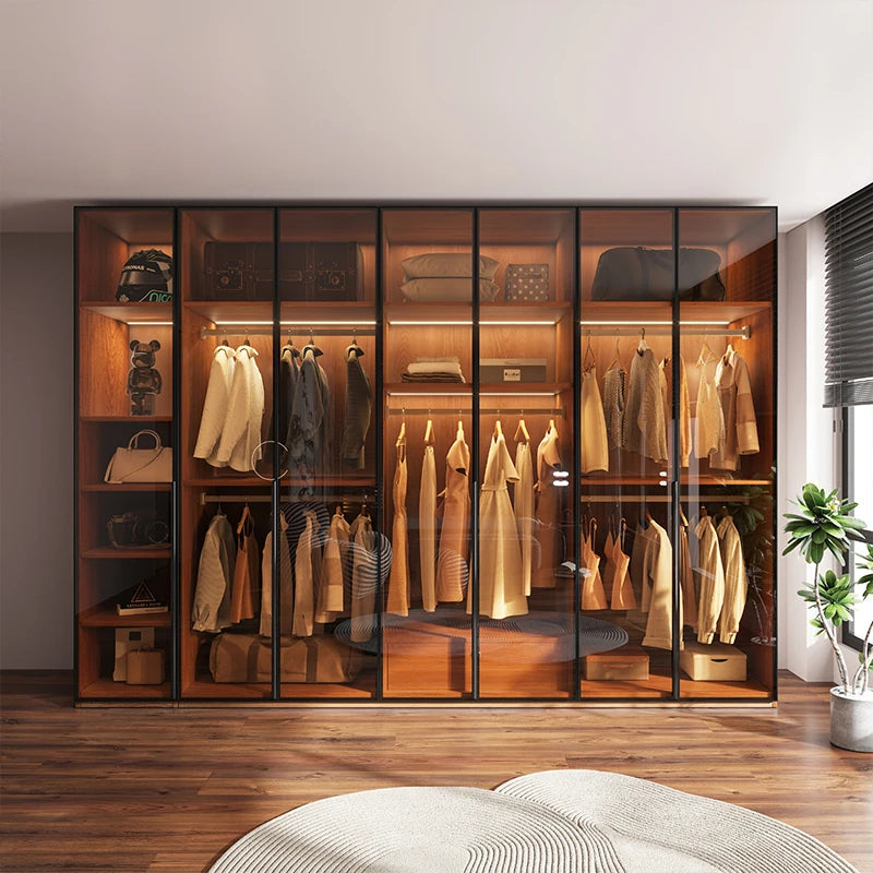 L-shaped glass wardrobe with shelves hanging space drawers and modern closet layout