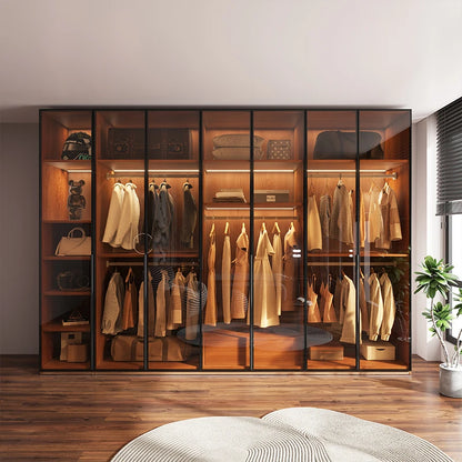 L-shaped glass wardrobe with shelves hanging space drawers and modern closet layout