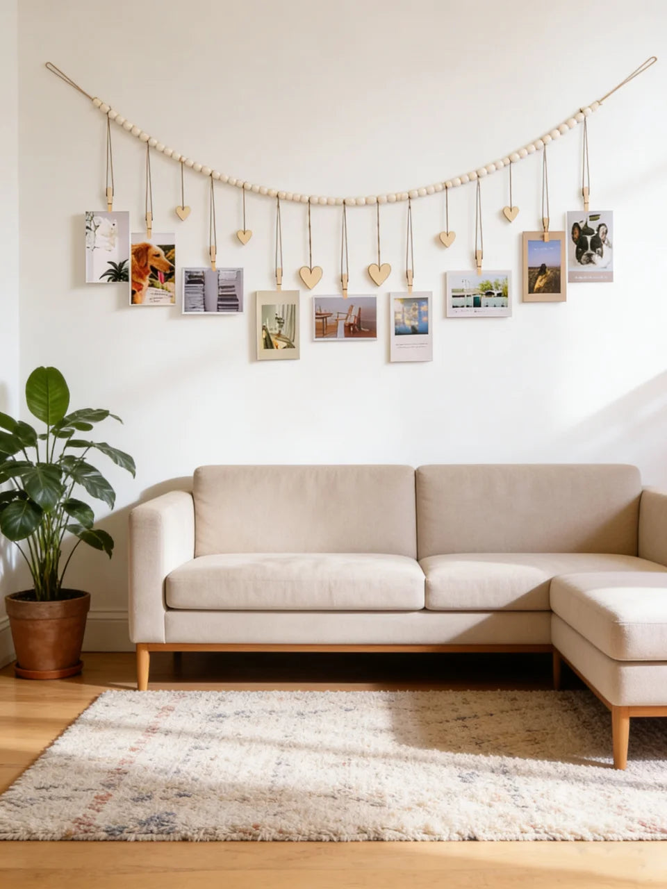 Boho Hanging Photo Display with Wooden Bead Garland — Wall Collage for Bedroom & Office