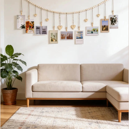 Hanging Photo Display Room Wall Decor, Boho Collage Picture Frame Christmas Cards Holder Wooden Hearts for Home Bedroom Office