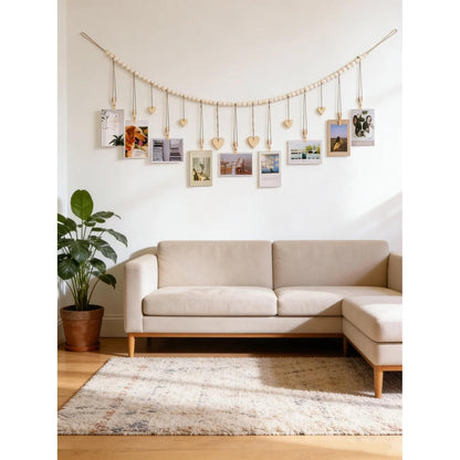 Boho Hanging Photo Display with Wooden Bead Garland — Wall Collage for Bedroom &amp; Office