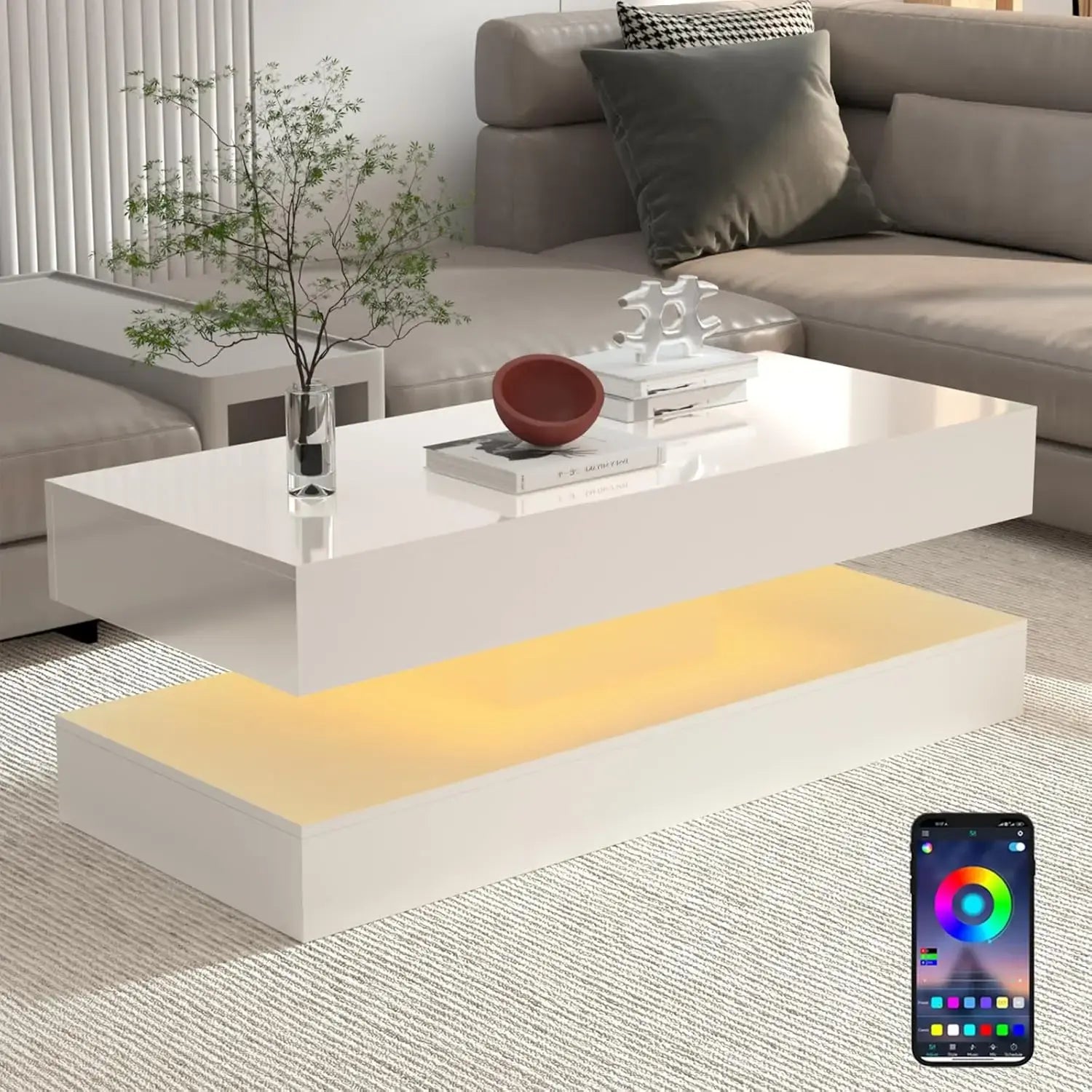 Modern Stylish Coffee Table with LED lights, Double-Layer Design for Living Room Coffee Table with 2 Storage Drawers Jonine&