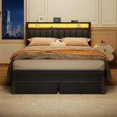Queen Bed Frame with Charging Station and LED Lights, Grey Upholstered Headboard with Shelves, Metal Platform Bed, Customized Jonine&