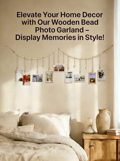 Boho Hanging Photo Display with Wooden Bead Garland — Wall Collage for Bedroom & Office