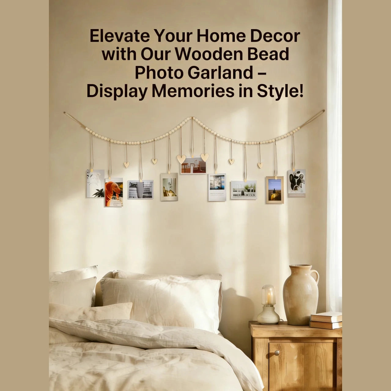 Hanging Photo Display Room Wall Decor, Boho Collage Picture Frame Christmas Cards Holder Wooden Hearts for Home Bedroom Office