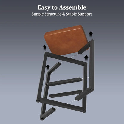 Illustration showing the simple assembly process of the 24" Bar Stools Set of 2 — Backless Counter Height with PU Leather Seat, highlighting stable metal frame and detachable brown PU leather seat.