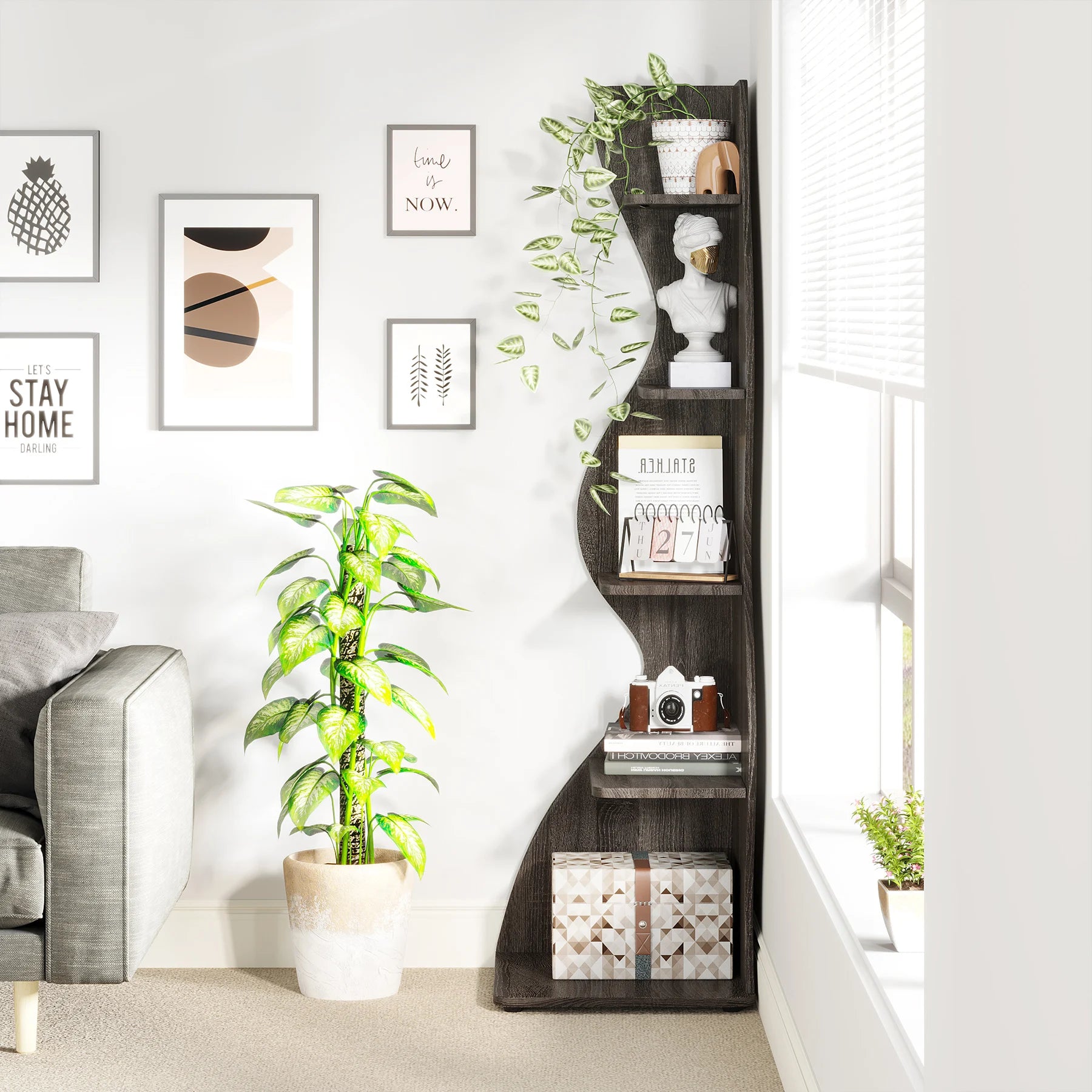 Tribesigns Corner Shelf, Modern 5-Tier Wall Corner Bookshelf, Stylish Corner Small Bookcase Storage Rack Plant Stand