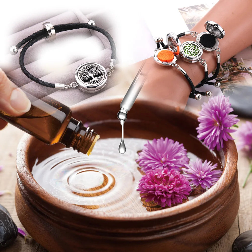 The Scent Locket — Aromatherapy Essential Oil Diffuser Bracelet in Black Leather &amp; Stainless Steel