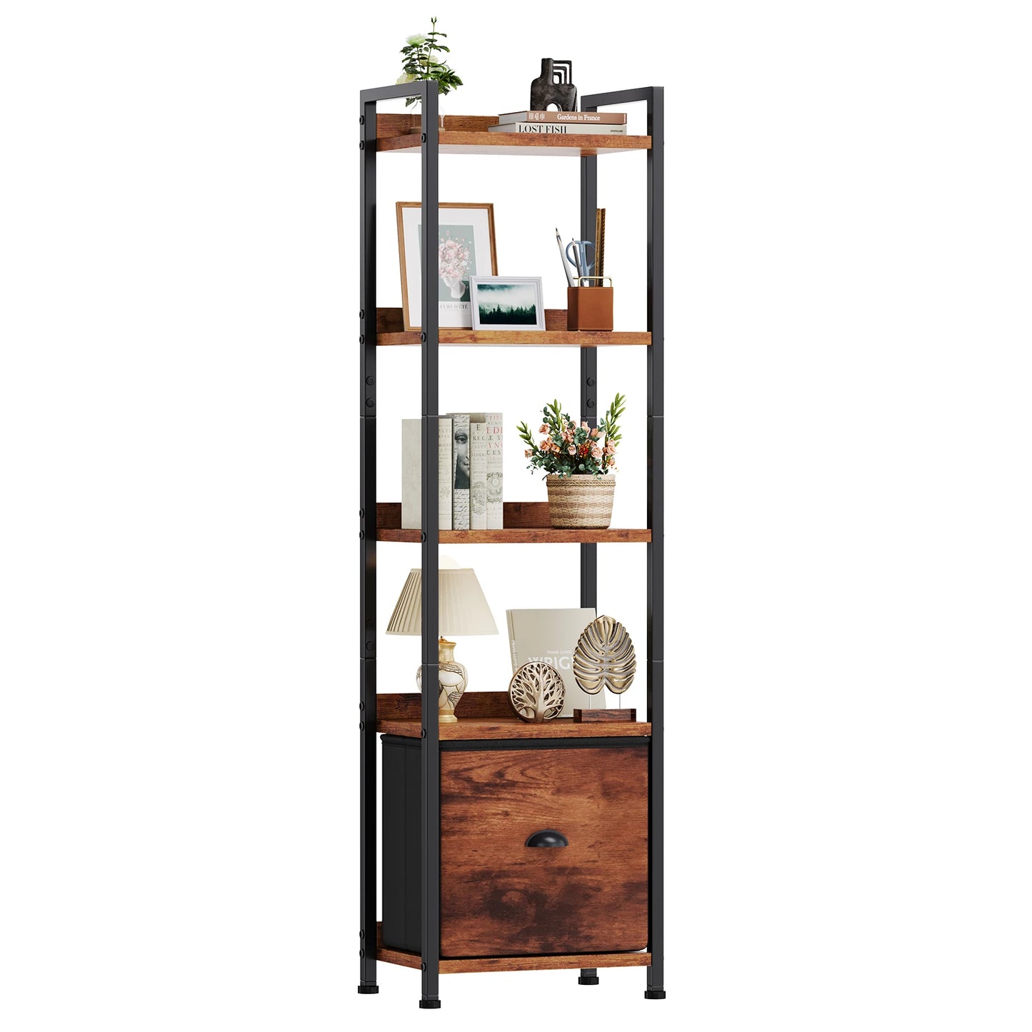 Books, Beauty & Storage — JHK 5-Tier Wood Bookshelf with Fabric Drawer