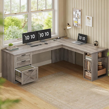 Farmhouse 67" L-Shaped Desk with 3 Drawers & Storage Shelves