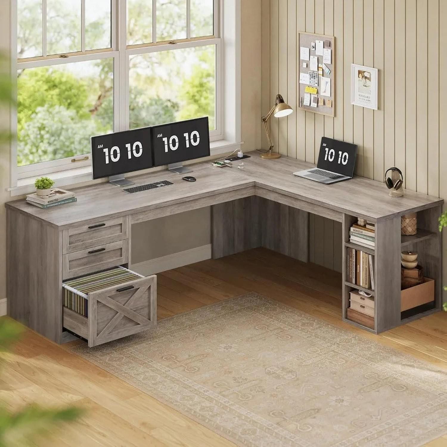 Farmhouse 67" L-Shaped Desk with 3 Drawers &amp; Storage Shelves