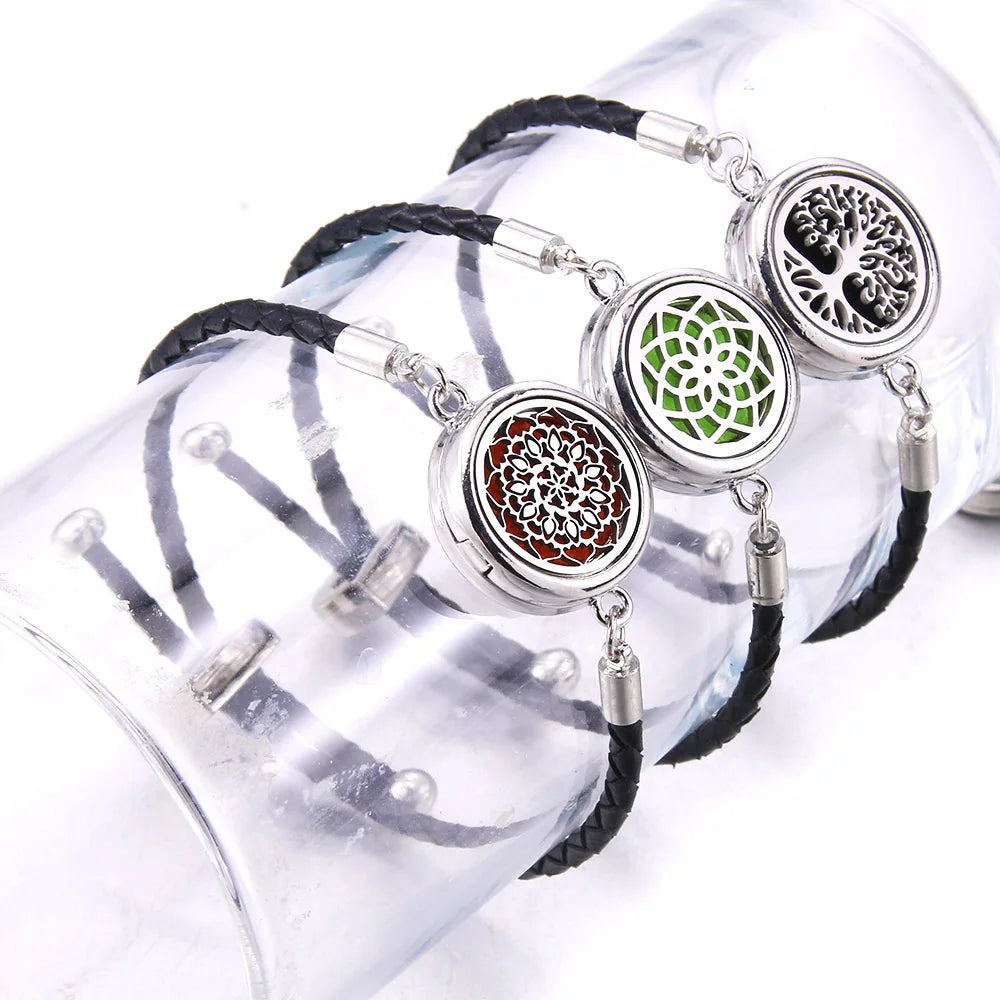 The Scent Locket — Aromatherapy Essential Oil Diffuser Bracelet in Black Leather &amp; Stainless Steel