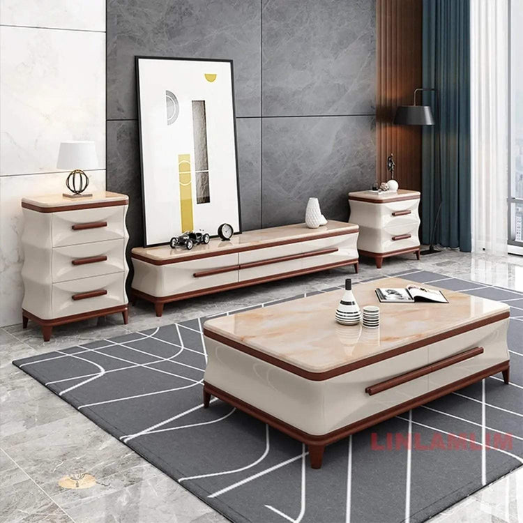 Marble & Wood Living Room Furniture Set — Coffee Table, TV Stand & Side Cabinets Jonine’s Corner