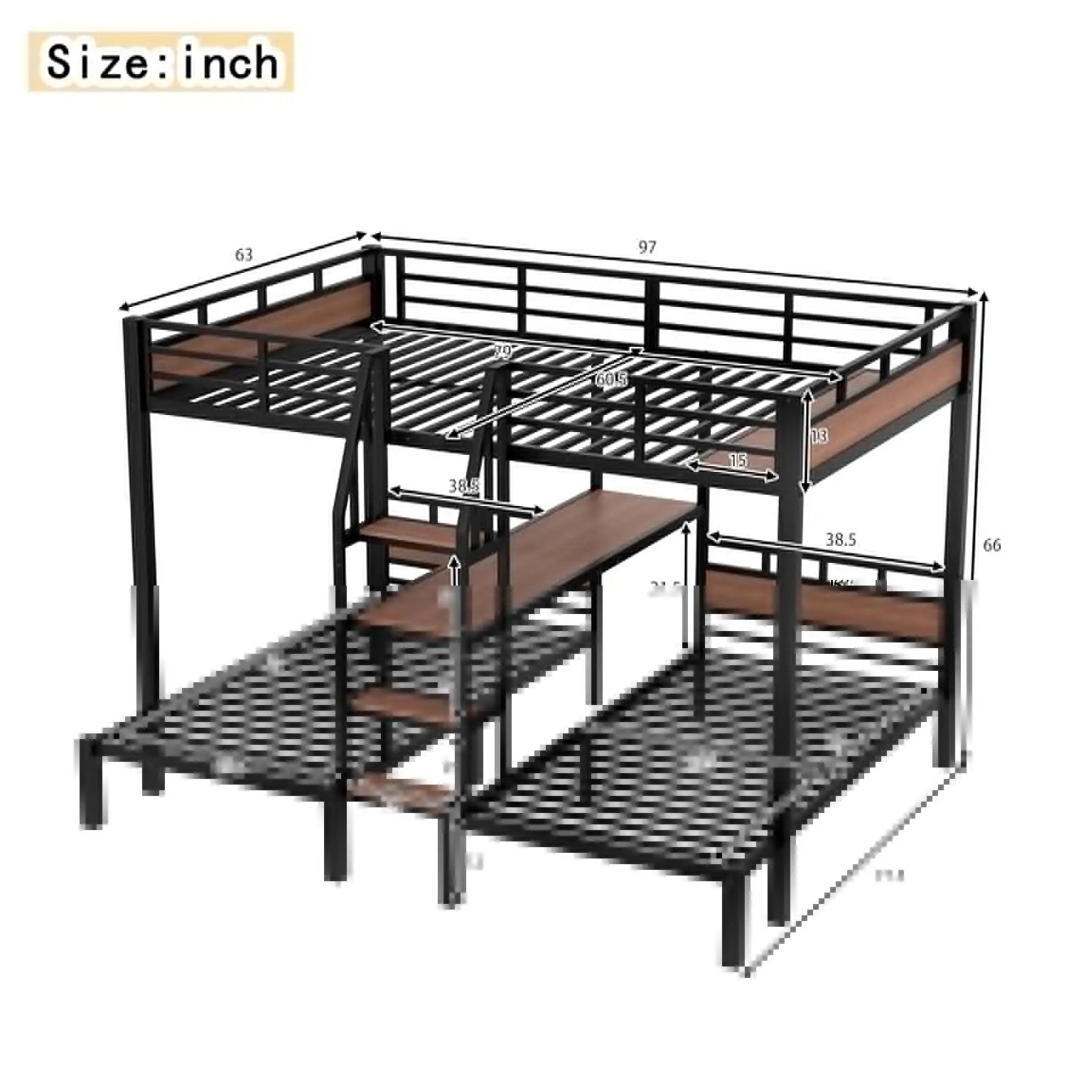 Queen Over Twin Over Twin Metal BunkBed with Storage Stairs and Shelves, 3-in-1 Triple Bunk Bed with Headboard, Space Saving, fo