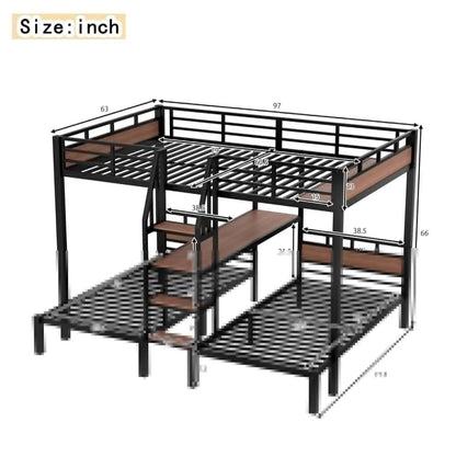3-in-1 Queen Over Twin Metal Bunk Bed with Storage Stairs