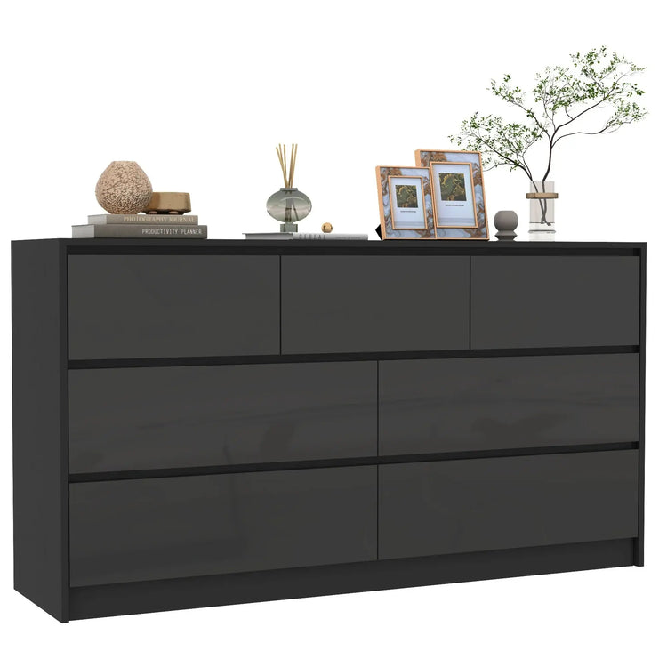 7 Drawer Dresser for Bedroom, 55 Inch Modern Dresser with High Gloss Drawers, Large Wood Chest of Drawer, White/Black Jonine&