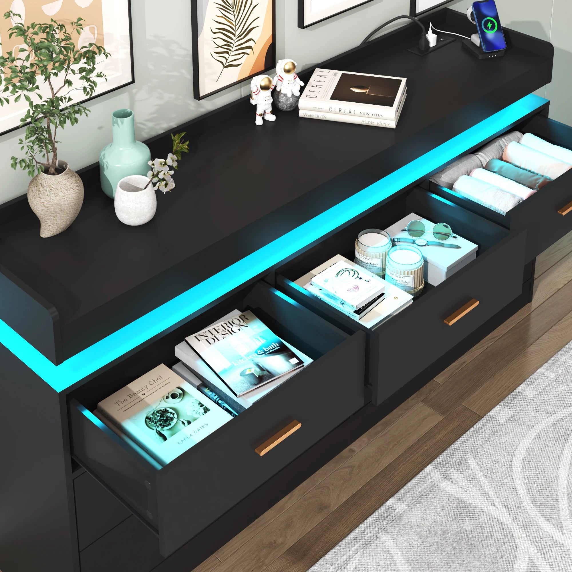 7 Drawer Dresser with LED Light and Charging Station, Modern Chest of Drawers for Closet, Wide Drawer Organizer Cabinet for Bedr