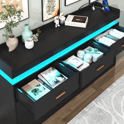 7 Drawer Dresser with LED Light and Charging Station, Modern Chest of Drawers for Closet, Wide Drawer Organizer Cabinet for Bedr