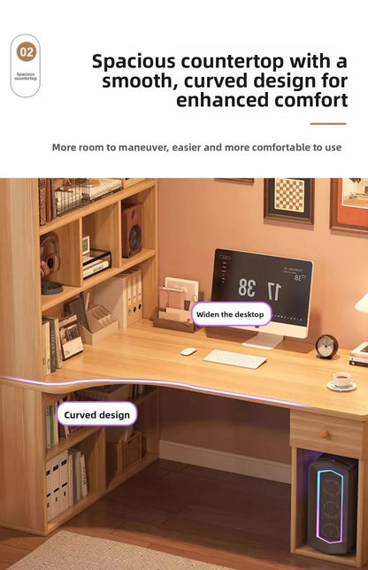 L-Shaped Corner Desk with Bookshelf — Dual Monitor & Home Office