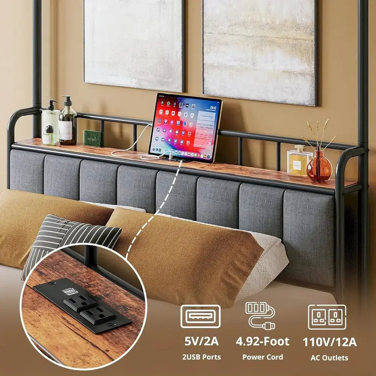 LIKIMIO Canopy Bed Frame Queen, Storage Headboard with Charging Station, Platform Bed with 4 Removable Sturdy Posts, Noise Free Jonine&