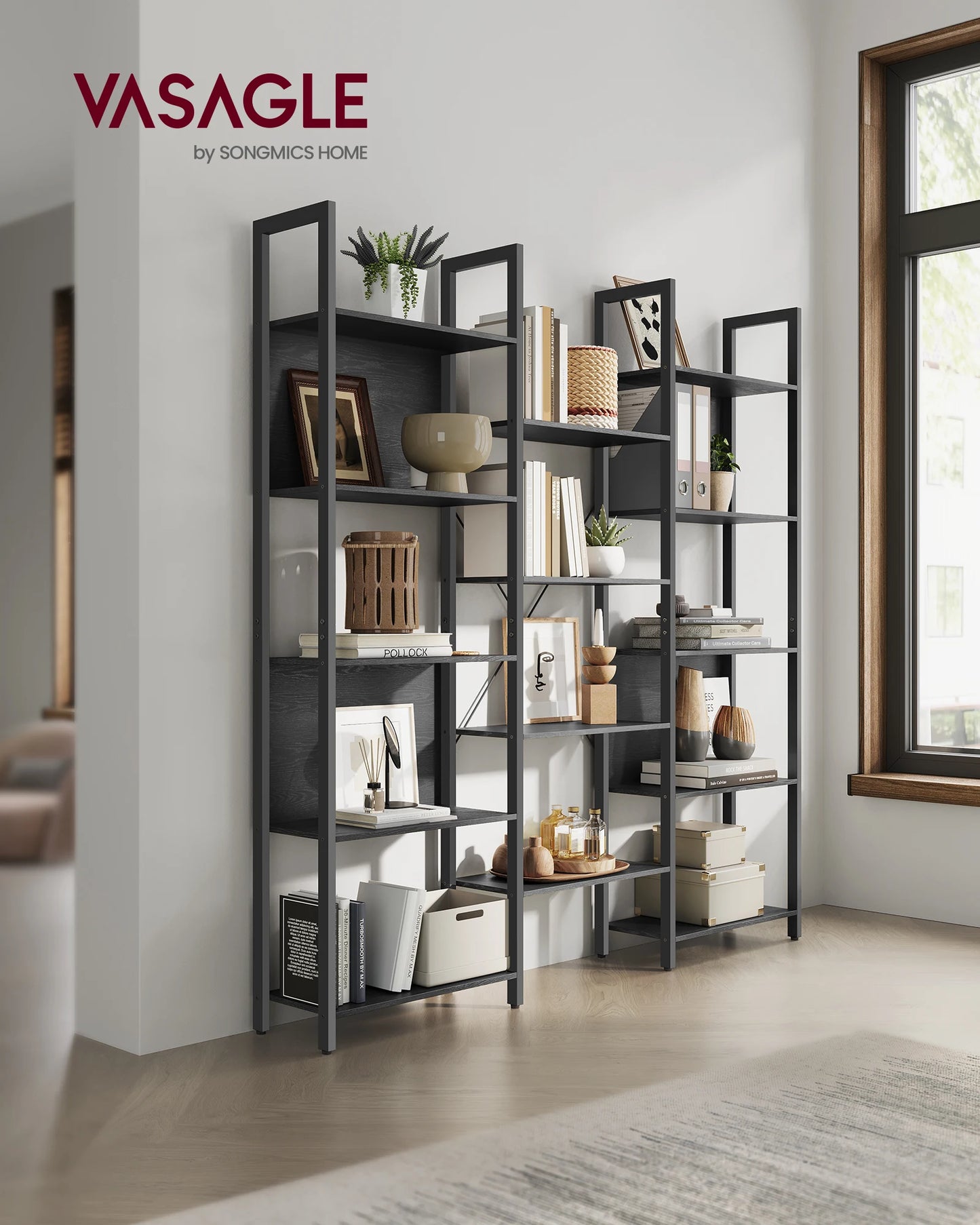 VASAGLE Bookshelf, 14 Shelves, Metal Rack for living room Study office Industrial Design