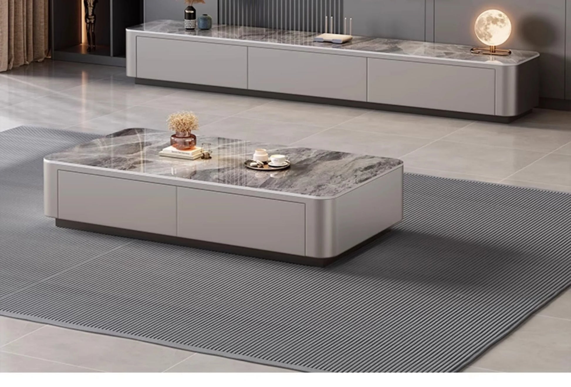 Nordic Clear Designer Coffee Table — Minimalist Living Room Décor with a sleek marble top and smooth edges, set on a textured gray rug in a modern, stylish living space.