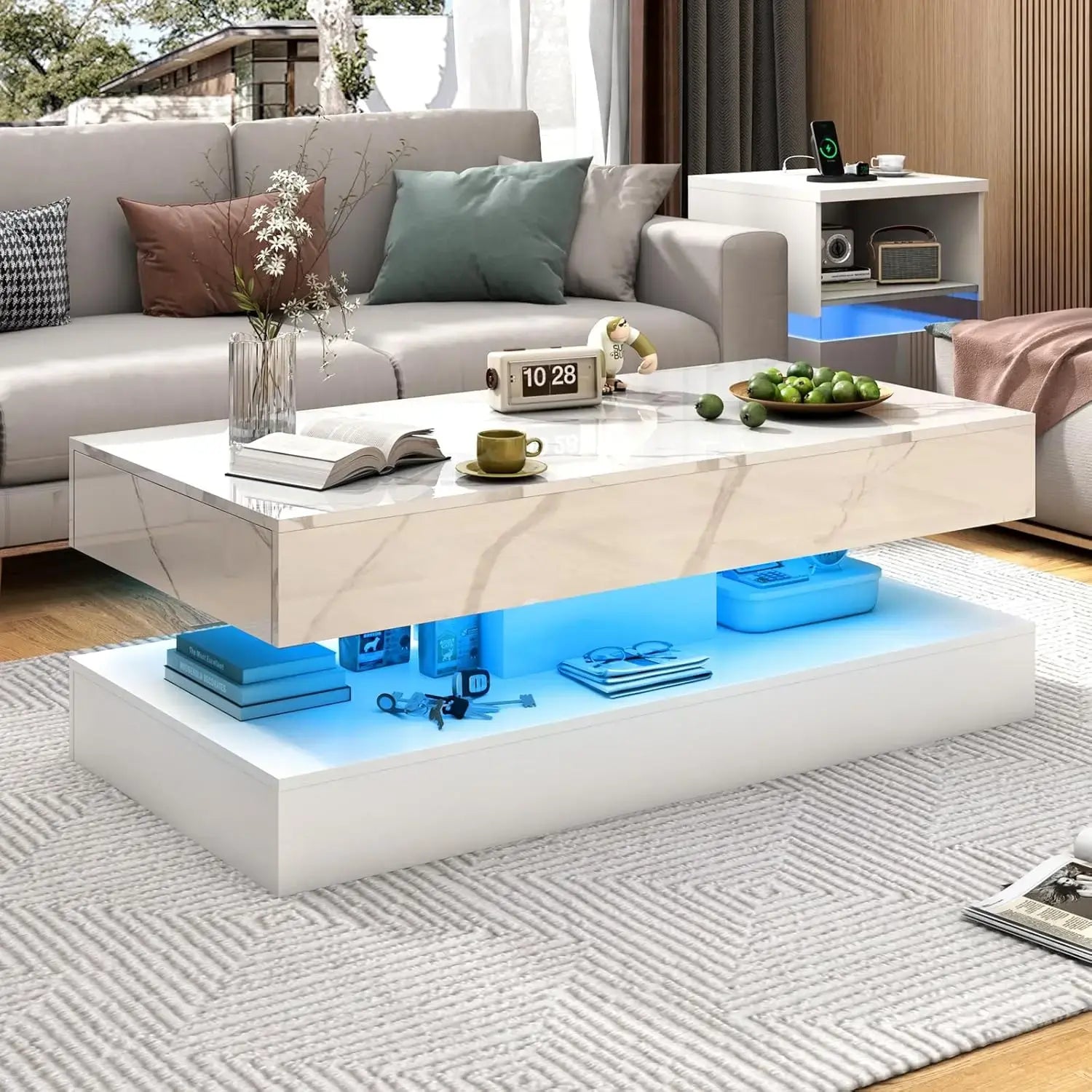 Modern Stylish Coffee Table with LED lights, Double-Layer Design for Living Room Coffee Table with 2 Storage Drawers Jonine&