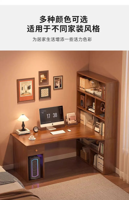 L-Shaped Corner Desk with Bookshelf — Dual Monitor & Home Office