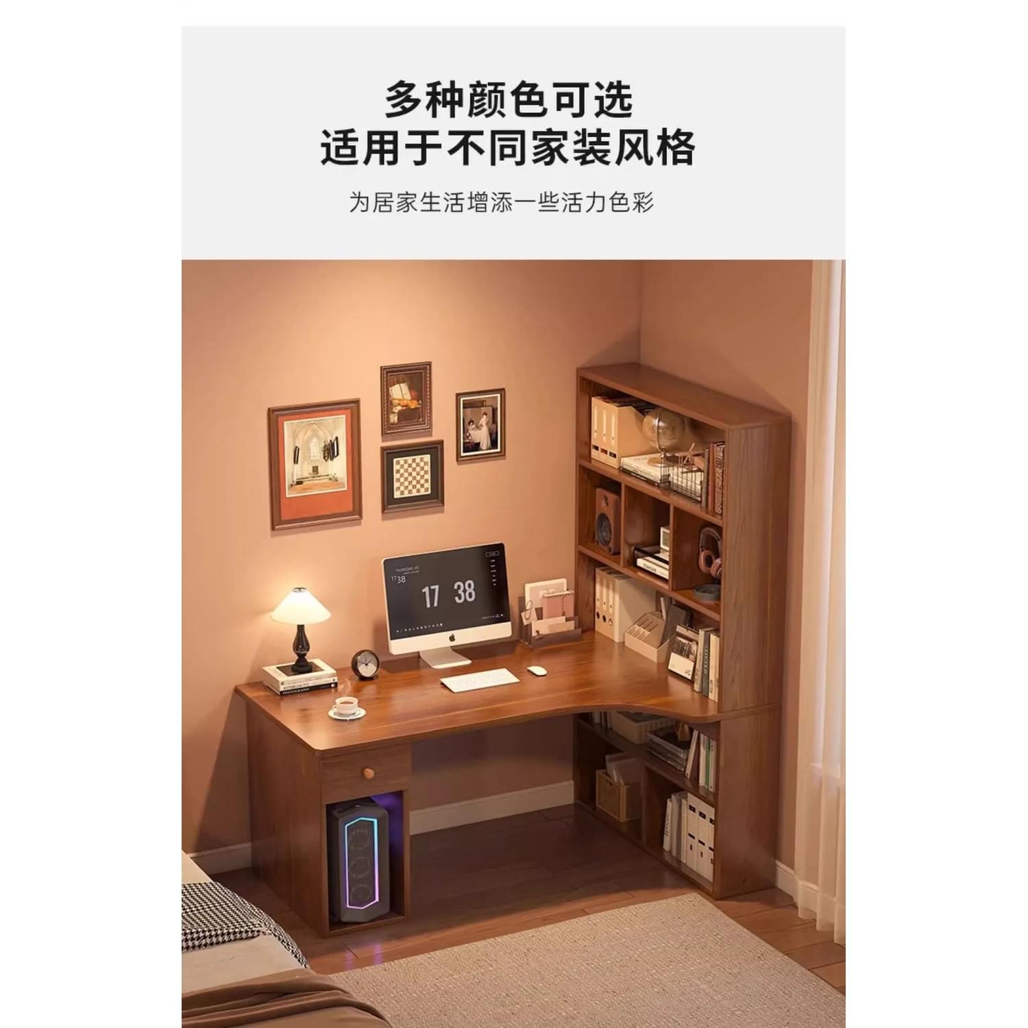 L-Shaped Corner Desk with Bookshelf — Dual Monitor &amp; Home Office