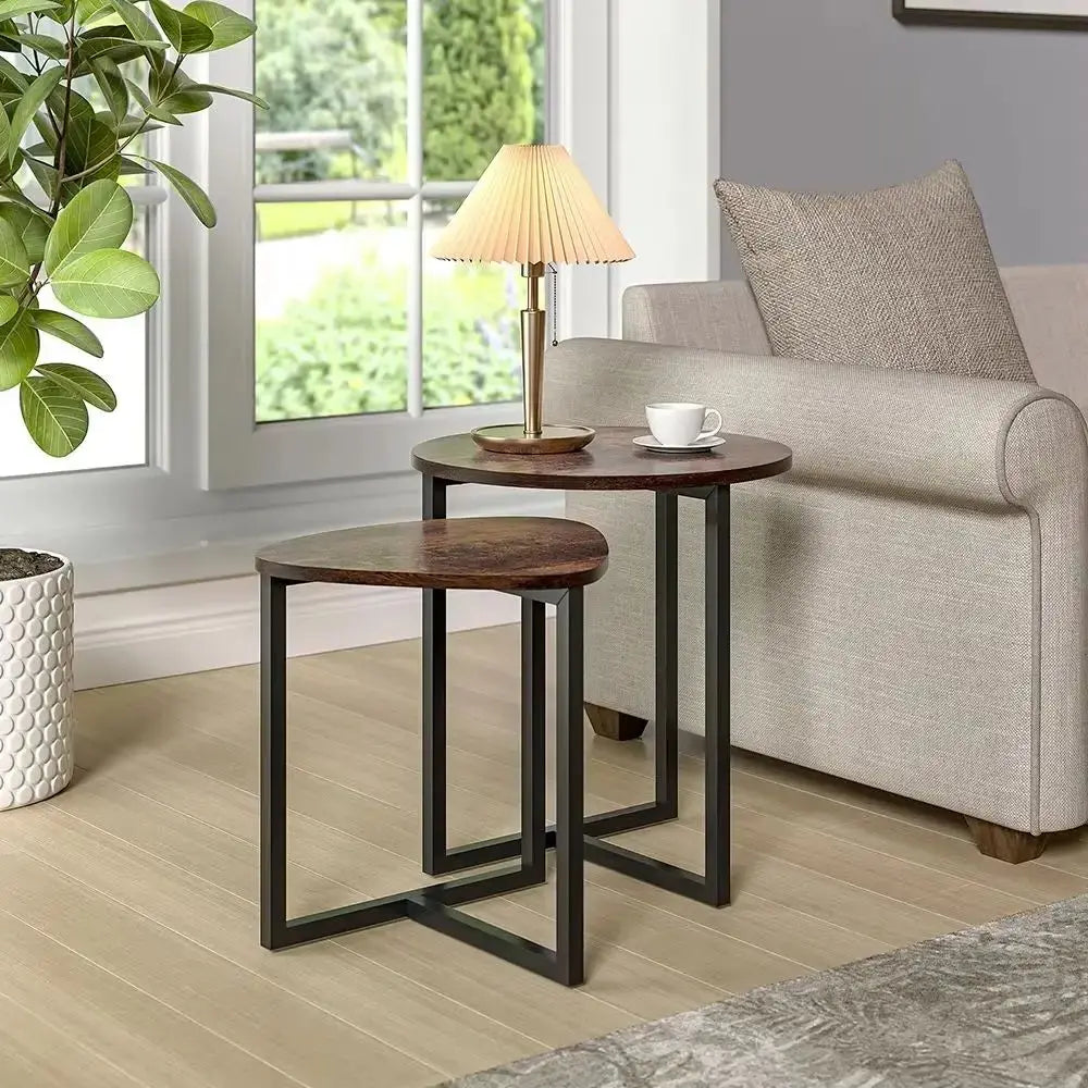 Nesting Side Table Set — Round & Triangular Wooden Coffee Tables