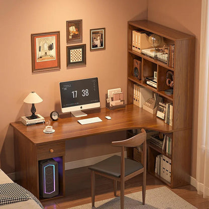 L-Shaped Corner Desk with Bookshelf — Dual Monitor &amp; Home Office