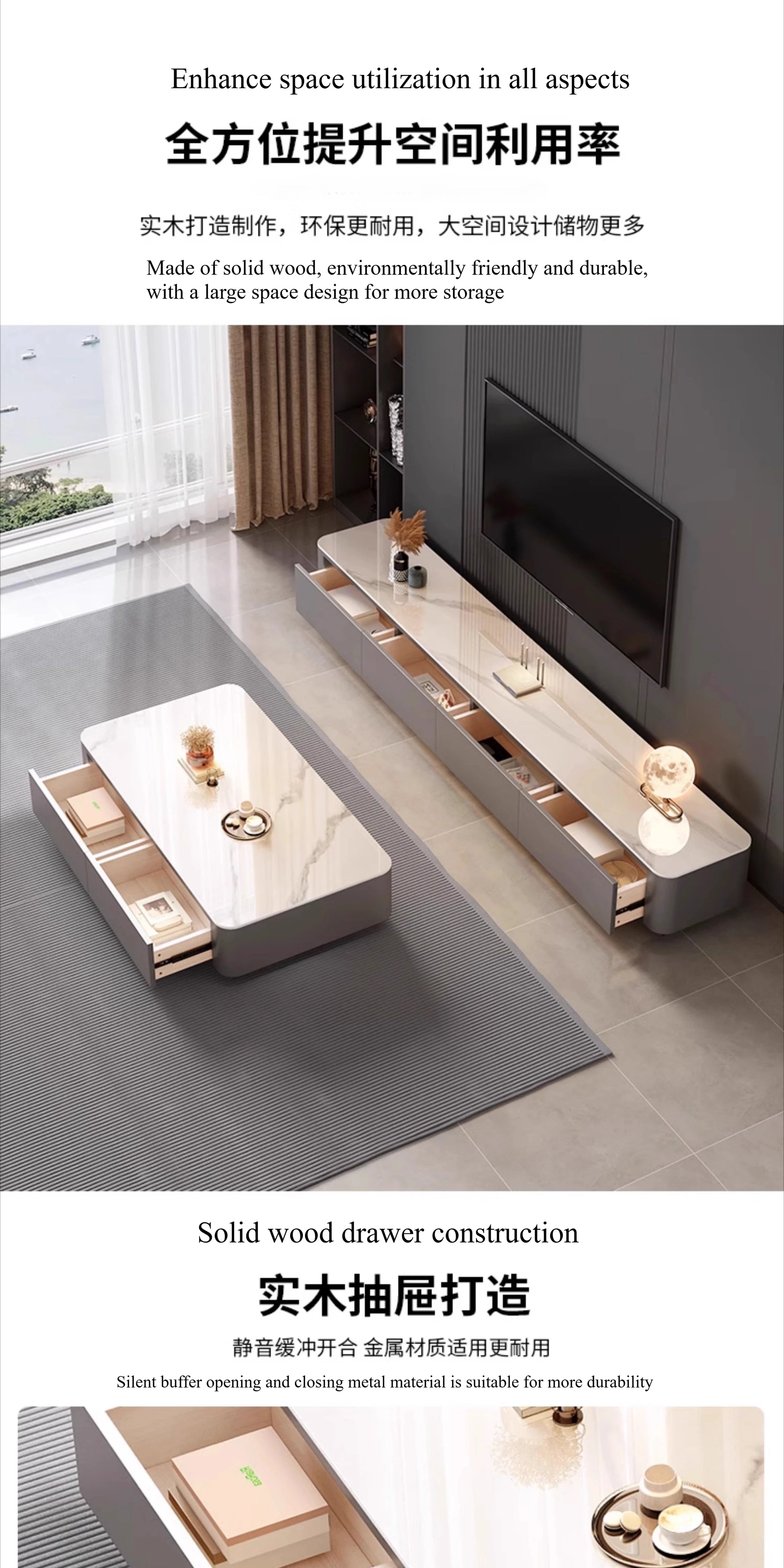 Modern living room featuring the Nordic Clear Designer Coffee Table — Minimalist Living Room Décor with a sleek marble top and built-in storage drawers, showcasing elegant and functional Nordic design.