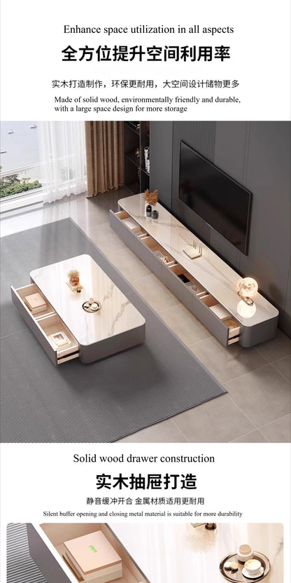 Modern living room featuring the Nordic Clear Designer Coffee Table — Minimalist Living Room Décor with a sleek marble top and built-in storage drawers, showcasing elegant and functional Nordic design.
