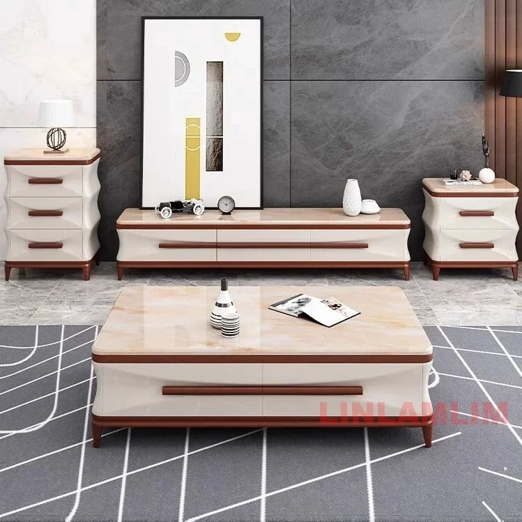 Marble & Wood Living Room Furniture Set — Coffee Table, TV Stand & Side Cabinets